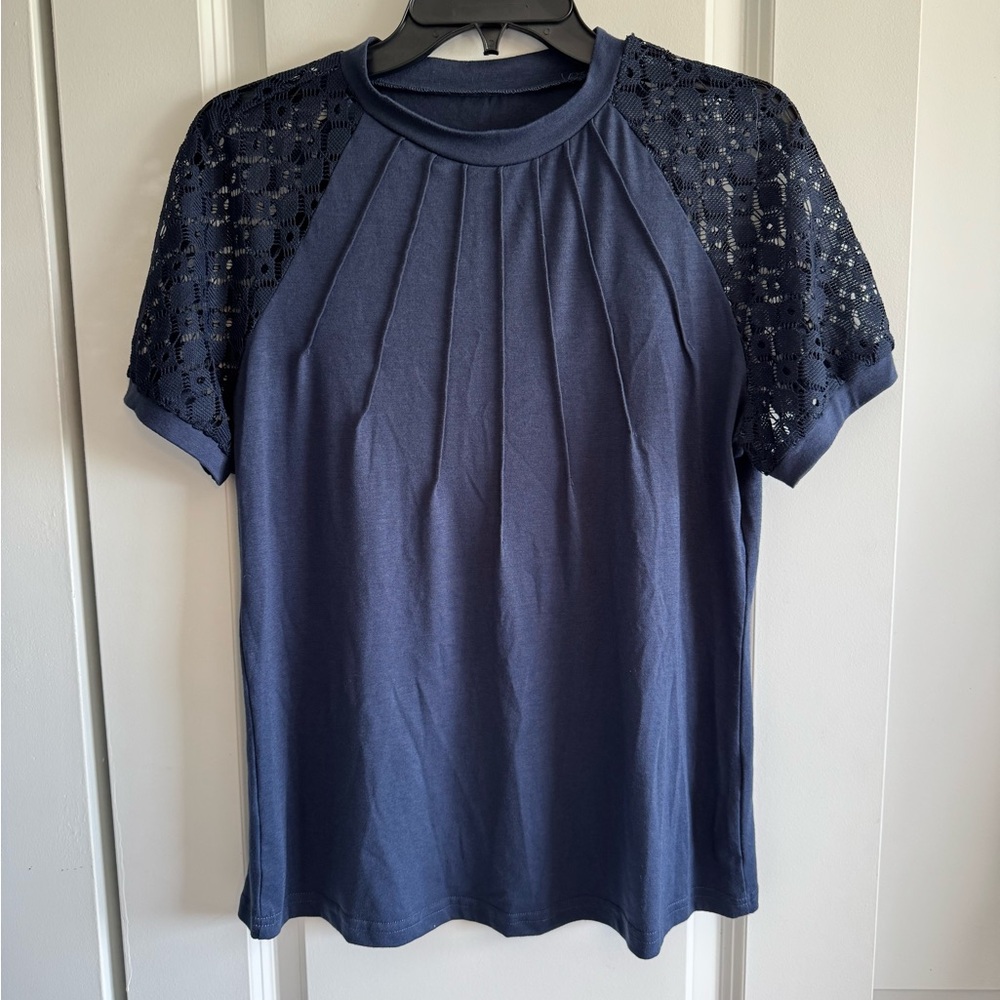 SHEIN Navy Short Sleeve Tee with Lace Raglan Sleeves